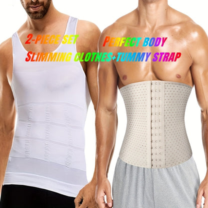 2pcs Men's Fitness Set - Slimming Vest & Tummy Strap, High Elasticity Nylon & Spandex Blend, Breathable & Protective Sports Gear, Hand Wash Only - Ideal for Running & Exercise