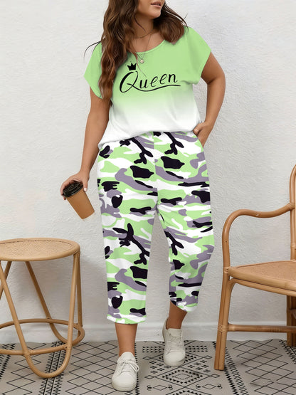 Plus Size, Spring/Summer Plus Size Women's 2pcs Set, Gradient Print And Queen Print, Round Neck Top with Capri Pants, Suitable for Home, Leis And Outings