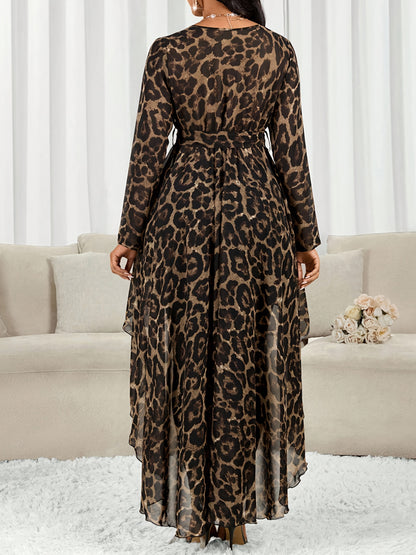 Plus Size, Plus Size Leopard Print V-Neck Asymmetric Hem Long-Sleeve Casual Shirt