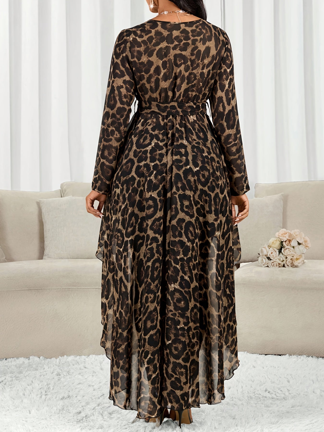 Plus Size, Plus Size Leopard Print V-Neck Asymmetric Hem Long-Sleeve Casual Shirt