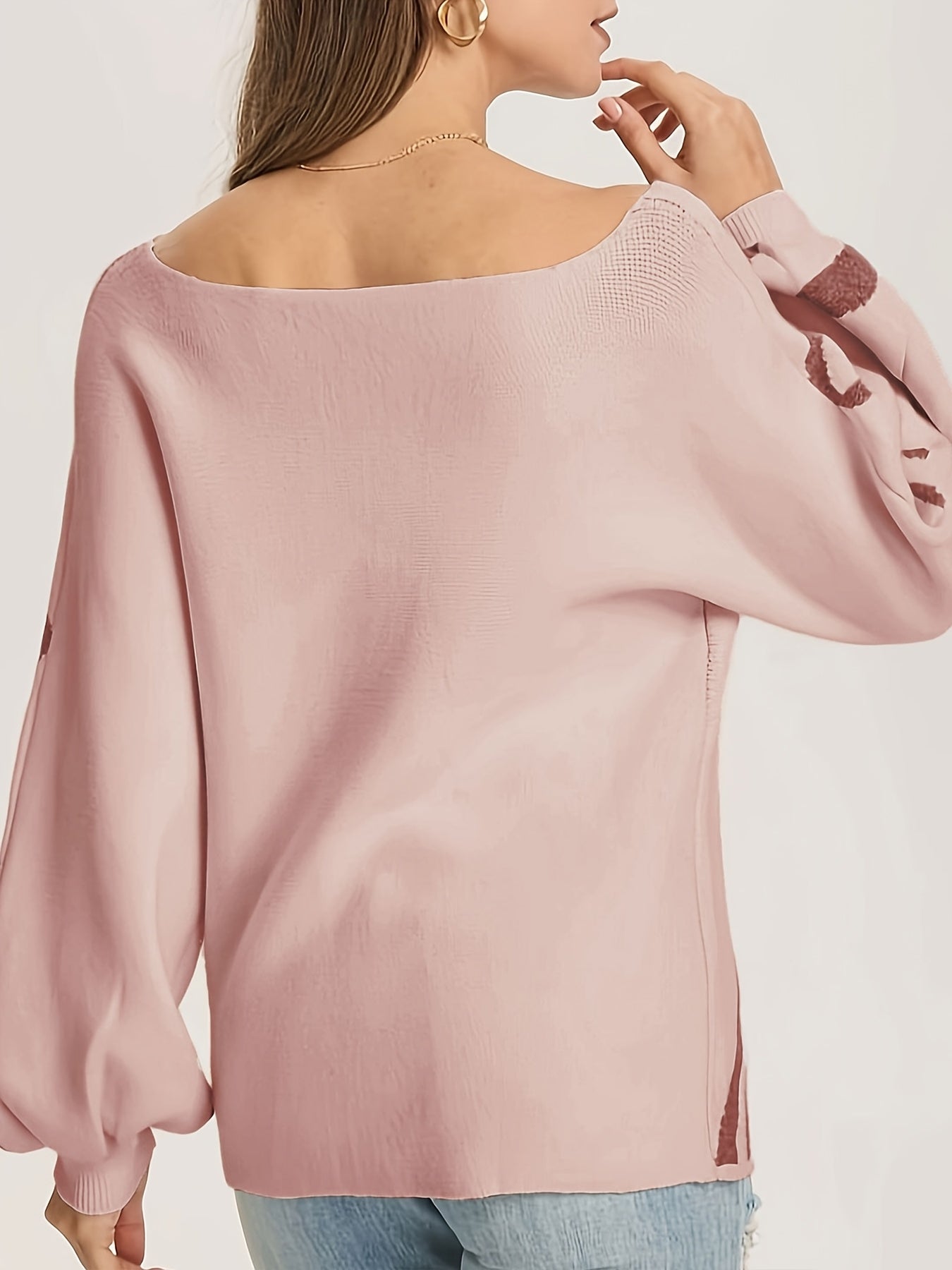 Random Pattern Boat Neck Pullover Sweater, Casual Lantern Sleeve Loose Sweater, Women's Clothing