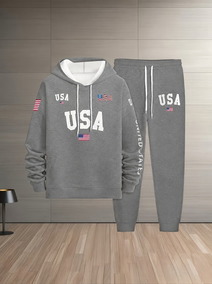 2pcs Set, Discount, Black Vintage Letter Print, Men's 2pcs Set, Casual Crew Neck Long Sleeve Hoodie and Sweatpants Set, Suitable for Winter and Autumn, Sportswear Set