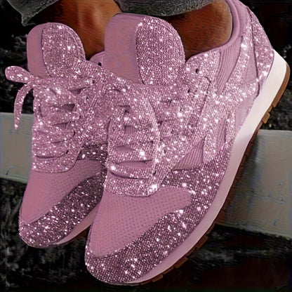 Women'S Slip-On Sneakers Glitter Pink with Sequin Decoration Casual Round Toe Lace-Up Shoes Thick Cushioning Sole PU Material Upper Four Seasons Comfortable Casual Wear Women'S Sneakers, Women Shoes