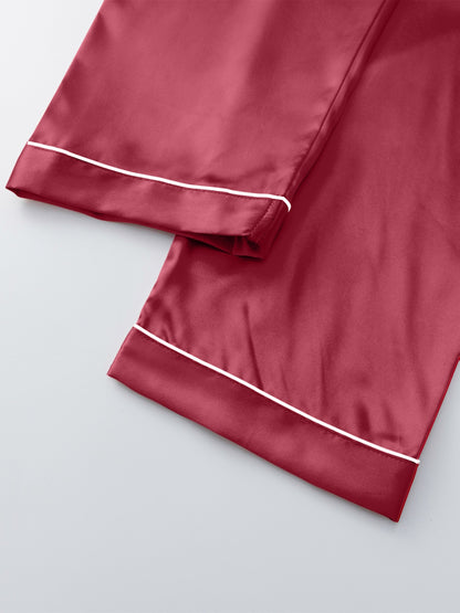 Women's Satin Casual Comfortable 1 Set 2pcs Pajama Outfit, Turn- Collar Long Sleeve Top & Elastic Waistband Trousers Women's Sleepwear