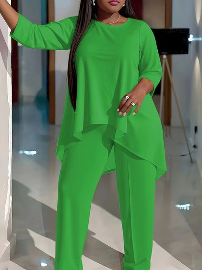 Plus Size - Plus Size Two-piece Set, Solid Color Round Neck 7-inch Sleeve Top And Pants Set, Women'S Two-piece Set