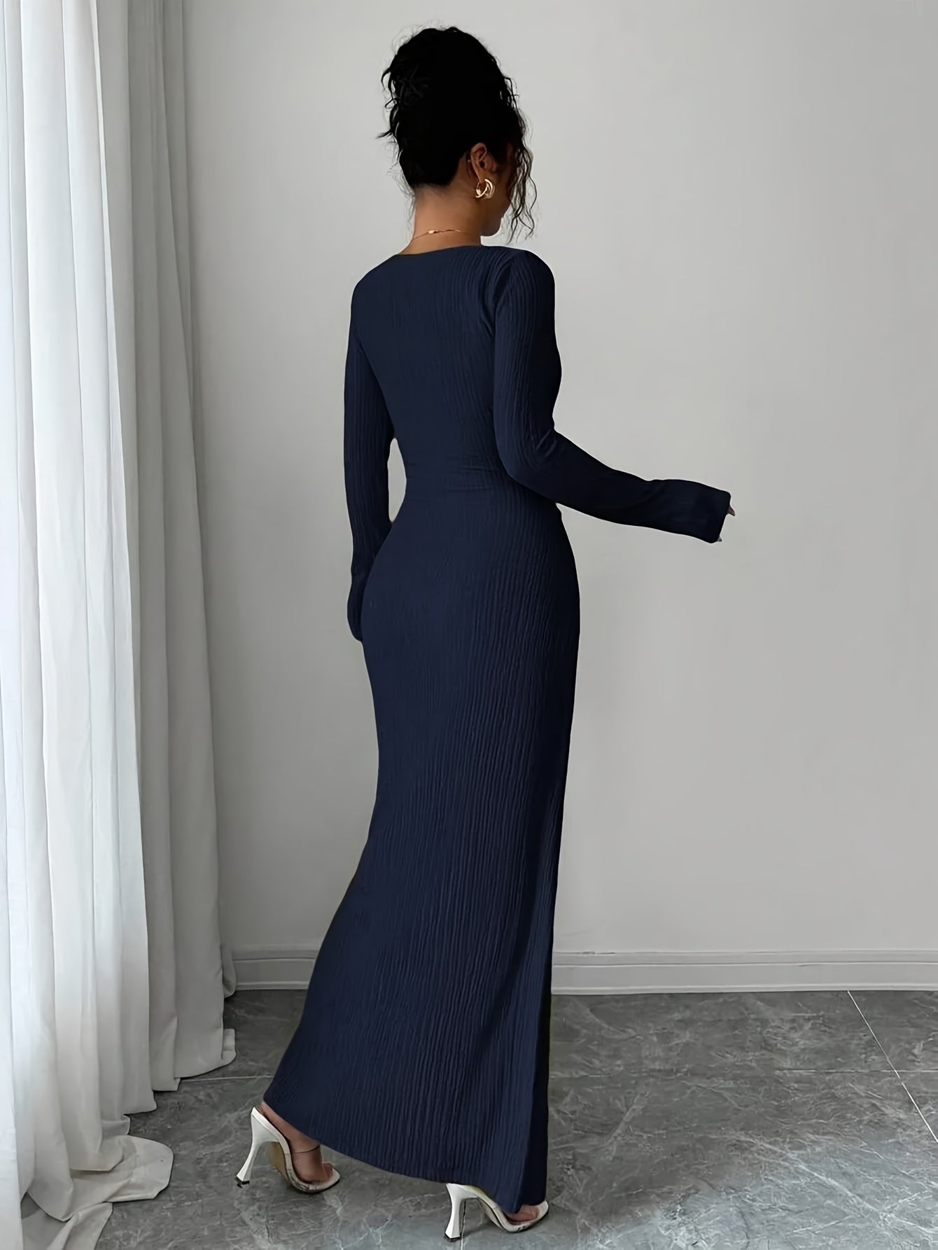 Women'S Solid Color Twisted Split Maxi Dress Asymmetrical Neck Slim Bodycon Fall Winter Elegant Fashion Dress