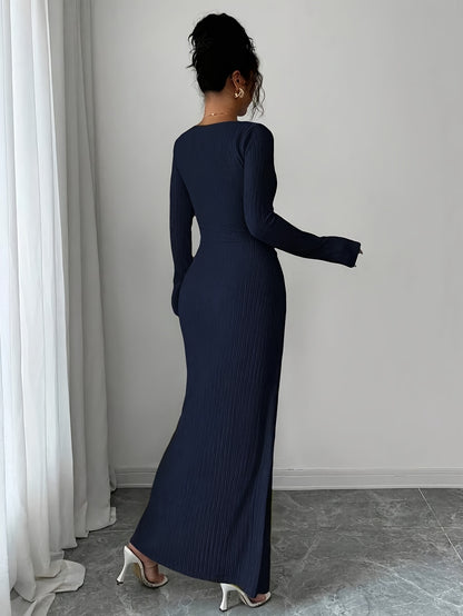 Women'S Solid Color Twisted Split Maxi Dress Asymmetrical Neck Slim Bodycon Fall Winter Elegant Fashion Dress