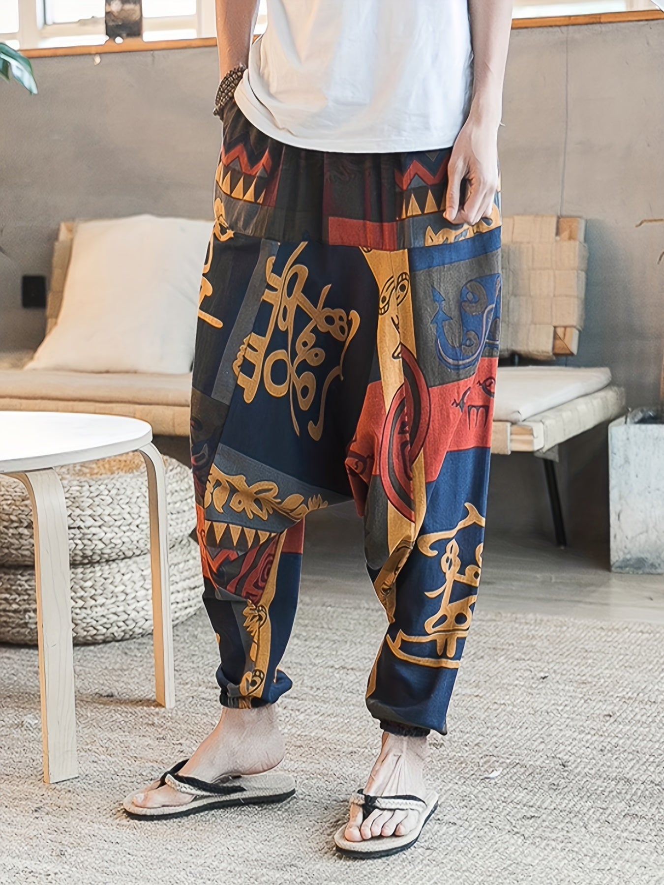 Men'S Stylish 100% Loose Colorful Fans Pattern Pants with Pockets, Casual Breathable Comfy Trousers for City Walk Street Hanging Outdoor Activities