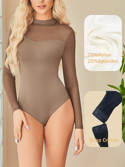 Sexy Mock Turtle Neck Sheer Mesh Long Sleeve Bodysuit Shirts Ruched Body Suit Leotard Tops