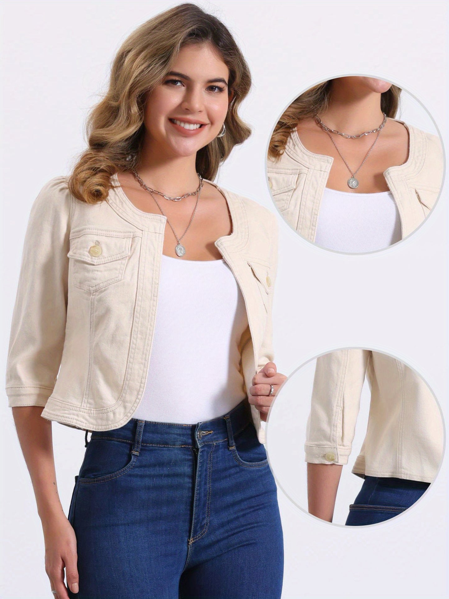 Denim Jacket for Women' S Collarless 2025 Cardigan 3/4 Sleeve Crop Jean Jackets
