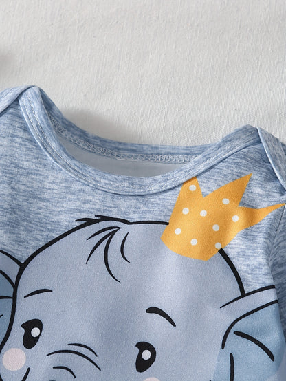 3pcs Baby Boy Newborn Spring And Autumn New Crown Cartoon Elephant with Shoulder Long Sleeved Jumpsuit&elastic Striped Cute Cartoon Elephant Full Print Panties&hat Set Suitable for Outdoor Clothing, Perfect for Outdoor