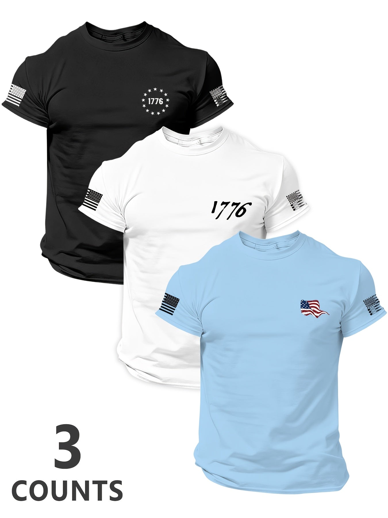 Men'S 3pcs 4Th of July American Patriotic Flag Eagle Short Sleeve T-Shirt Set, All-Black Vintage Print Design, 250 American Celebration Items-Inspired, Featuring 1776 Betsy Ross Flag, Declaration of Independence, Bald Eagle & American Flag Elements