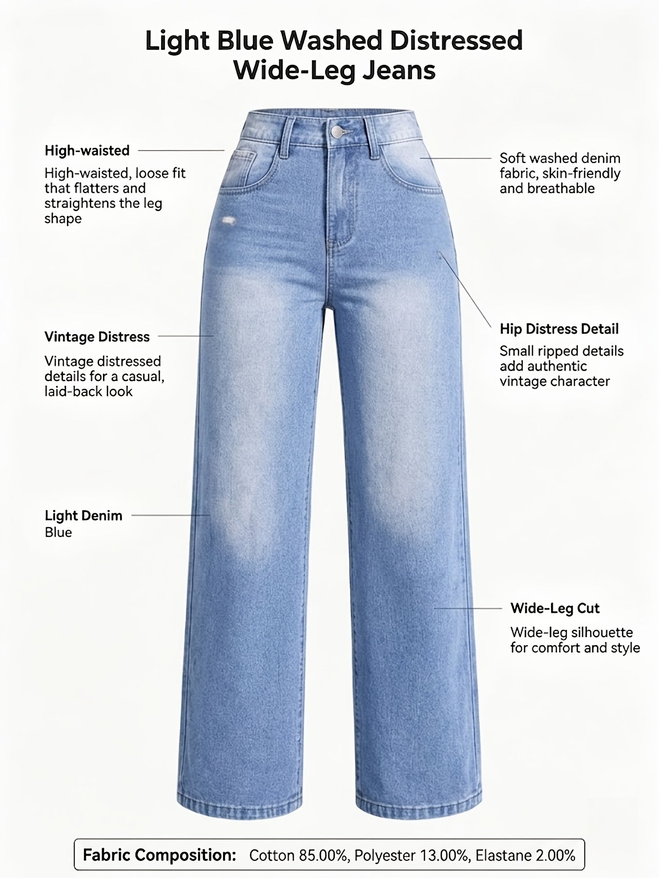 Women's High-Waisted Stretch Denim Jeans - Relaxed Wide-Leg Distressed Blue Pants with Zipper Closure, Machine Washable Elegant Casual Office Wear for All Seasons, Classic Blue Wash Rugged Style, High Waisted Jeans, Versatile Bottoms, Comfortable Fit, Wor