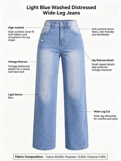 Women's High-Waisted Stretch Denim Jeans - Relaxed Wide-Leg Distressed Blue Pants with Zipper Closure, Machine Washable Elegant Casual Office Wear for All Seasons, Classic Blue Wash Rugged Style, High Waisted Jeans, Versatile Bottoms, Comfortable Fit, Wor