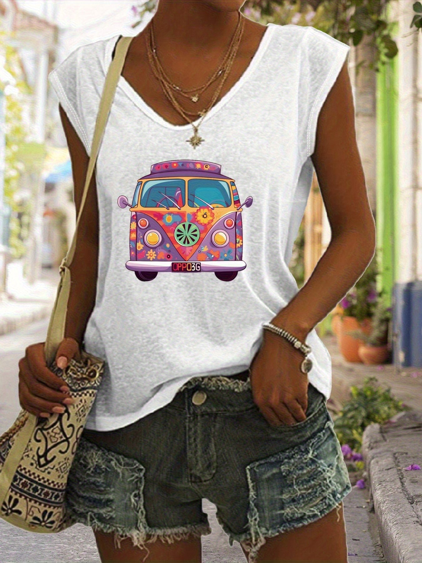 Directional Women'S Simple V-Neck Hippie Rock Print Tank Top