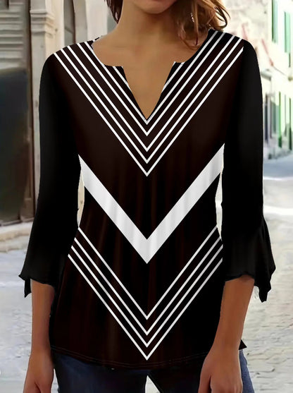 Striped Three-Quarter Sleeve T-shirt, Casual Notched Neck Top for Summer & Spring, Women's Clothing