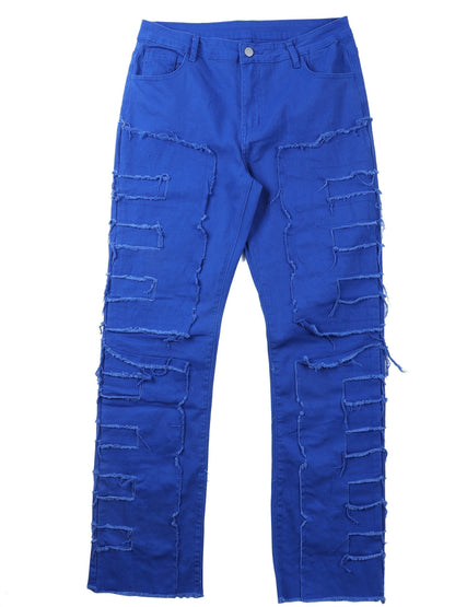 Men'S Slim-Fit Distressed Washed Blue Faux Denim with Fringe Hem & Tassel Details - Heavy-Faux Denim Streetwear Hip-Hop Skateboard Rap Style, All-Season Comfort Stretch Faux Denim for Men, Casual to Semi-Formal Wear (Regular Length), Stretchable Faux Deni