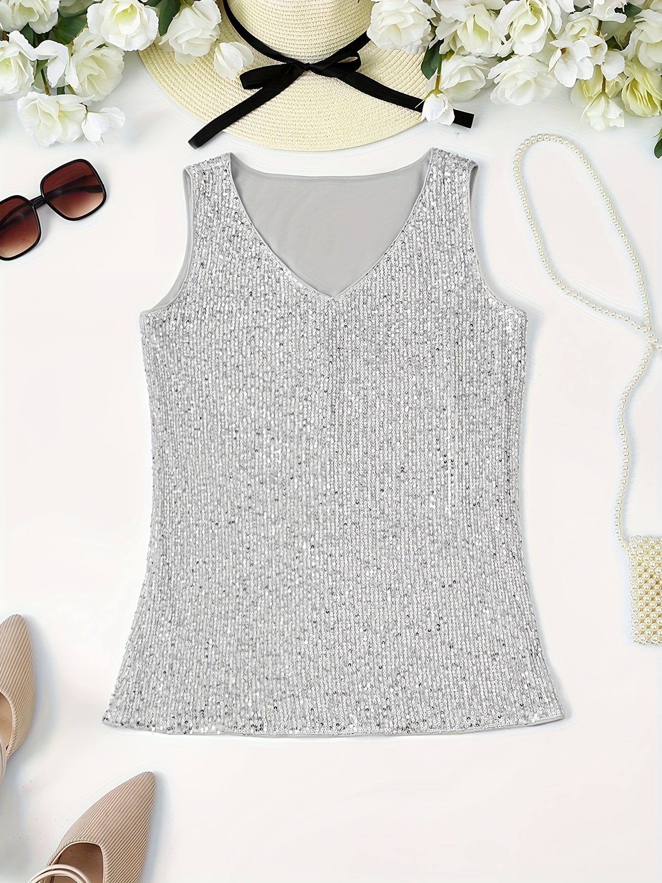 Sparkling Sequin V-Neck Sleeveless Top, Elegant Casual Tank for Spring and Summer Wear