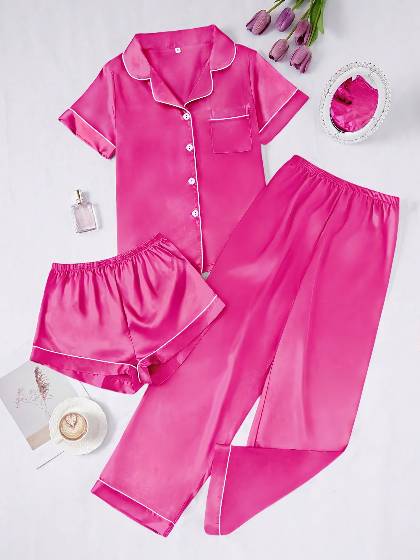Solid Color Women'S Simple And Comfortable 3pcs Pajama Set, Includes 3pcss: Collared Short-Sleeve Top & Elastic Waist Shorts & Elastic Waist Long Pants Women'S Pajama Set