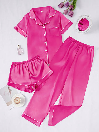 Solid Color Women'S Simple And Comfortable 3pcs Pajama Set, Includes 3pcss: Collared Short-Sleeve Top & Elastic Waist Shorts & Elastic Waist Long Pants Women'S Pajama Set