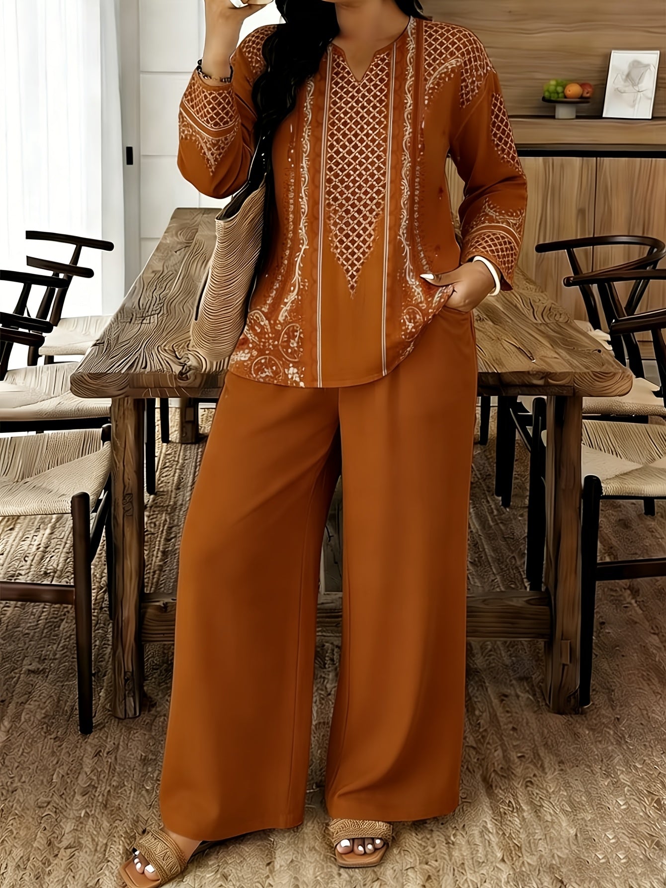 2pcs Set Of Women's Standard Size Long Sleeved Pants, Set, Spring And Summer New V-neck Long Sleeved Shirt Printed Pants Set, Digital Printed Non Hollow Top Machine Washable, Elegant And Comfortable, Suitable for Commuting And Dating