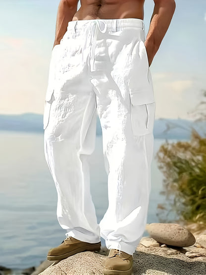 Men'S Spring/Summer Thin Breathable Casual Pants, Loose Fit, Solid Color, Drawstring Wide-Leg Trousers