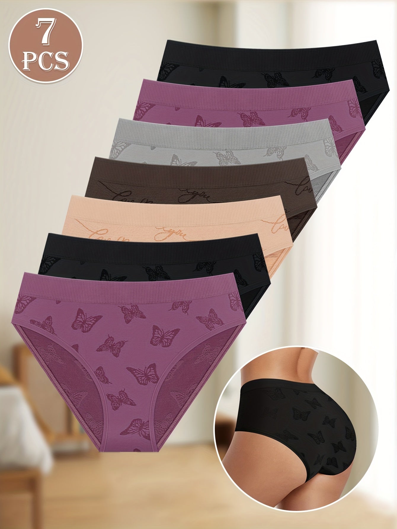 Set of 7 Women'S Low-Rise Briefs Featuring a Butterfly Design, Soft And Comfortable, Sexy And Breathable, Suitable for Various Daily Occasions