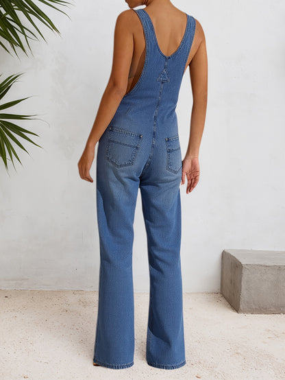 [Denim Overalls Set] Women's Denim Overalls Set - Non-Elastic Mid-Calf Long Style, Functional Pocket Design - Party Casual Wear, Versatile for Daily Use - Easy-To-Care Denim Clothing, Spring Fashion, Trendy Women, Four-Season Style, High-Quality Sewing, F