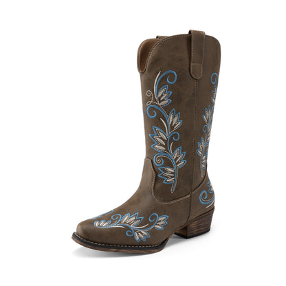 DREAM PAIRS Women's Cowboy Cowgirl Western Mid Calf Boots Square Toe Embroidered Stitched Pull On Country Boots with Low Chunky Heel