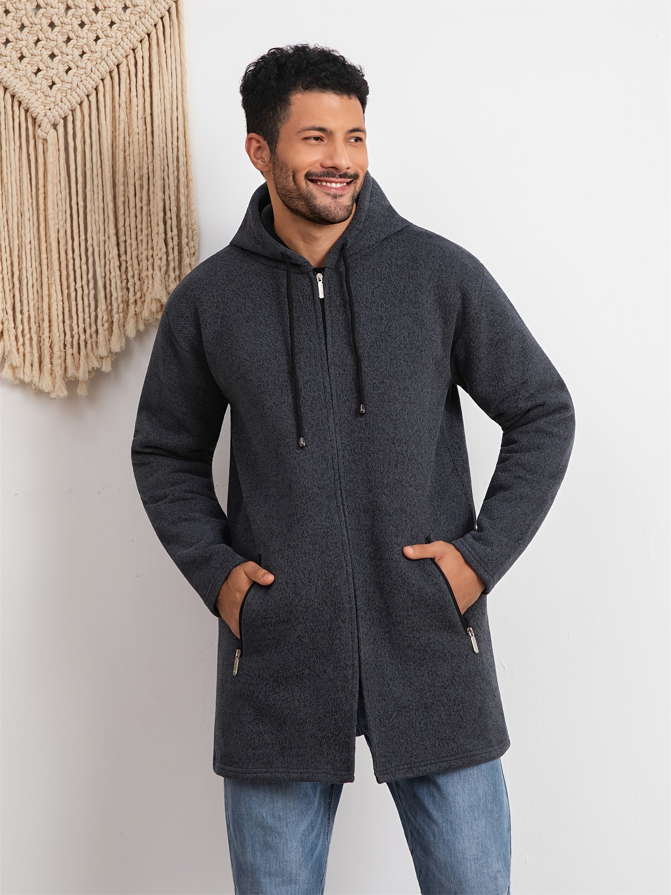 Men's Casual Hoodie, Hooded Mid Length Coat, Lined Zip Up Hoodie, Stylish Slim Fit Hoodie with Pockets, Suitable for Daily Wear, Outdoor Activities And Street