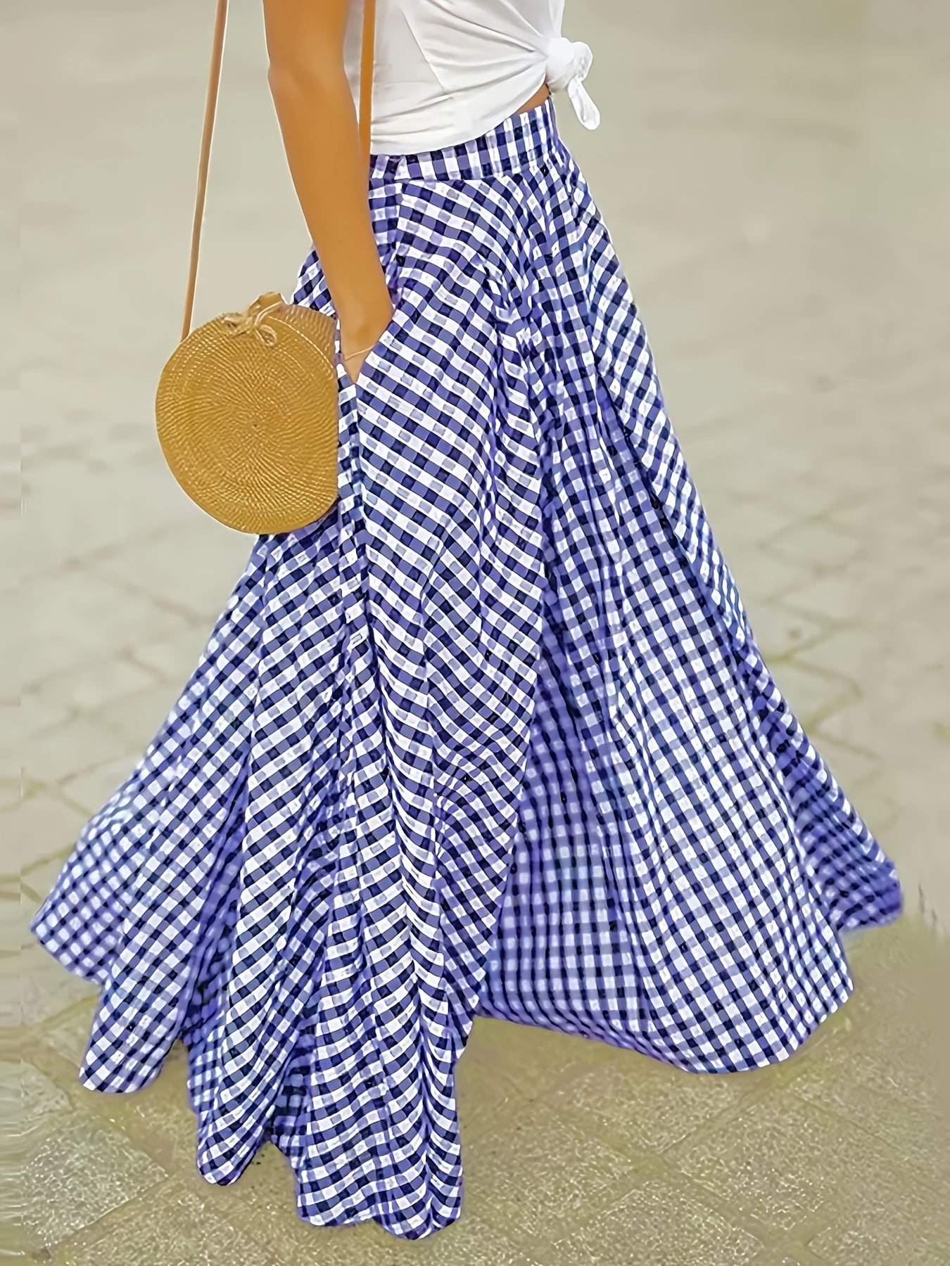 Women'S Elegant Checkered Mid-Length Skirt - High Waist, Flowing A-Line Silhouette, Opaque, Ideal for Spring And Autumn Seasons, Versatile Mid-Length Skirt | Elegant A-Line Skirt | Fashionable Texture