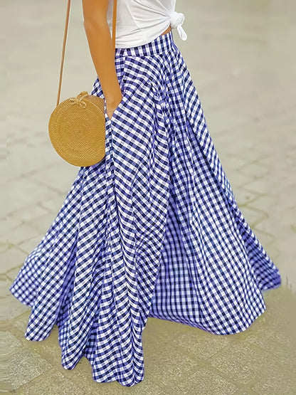 Women'S Elegant Checkered Mid-Length Skirt - High Waist, Flowing A-Line Silhouette, Opaque, Ideal for Spring And Autumn Seasons, Versatile Mid-Length Skirt | Elegant A-Line Skirt | Fashionable Texture