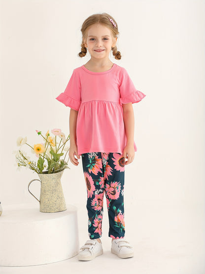 KuKitty Toddler Baby Girl Clothes Solid Color Flared Sleeve Ruffle Tops Sunflower Print Pants Outfits Set, Perfect for Outdoor