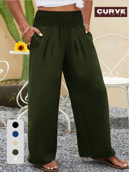 Plus Size, Chic High-Waisted Wide Leg Trousers | Plus-Size Military Green Casual Pants for Women - Spring, Summer And Autumn Comfort with Elastic