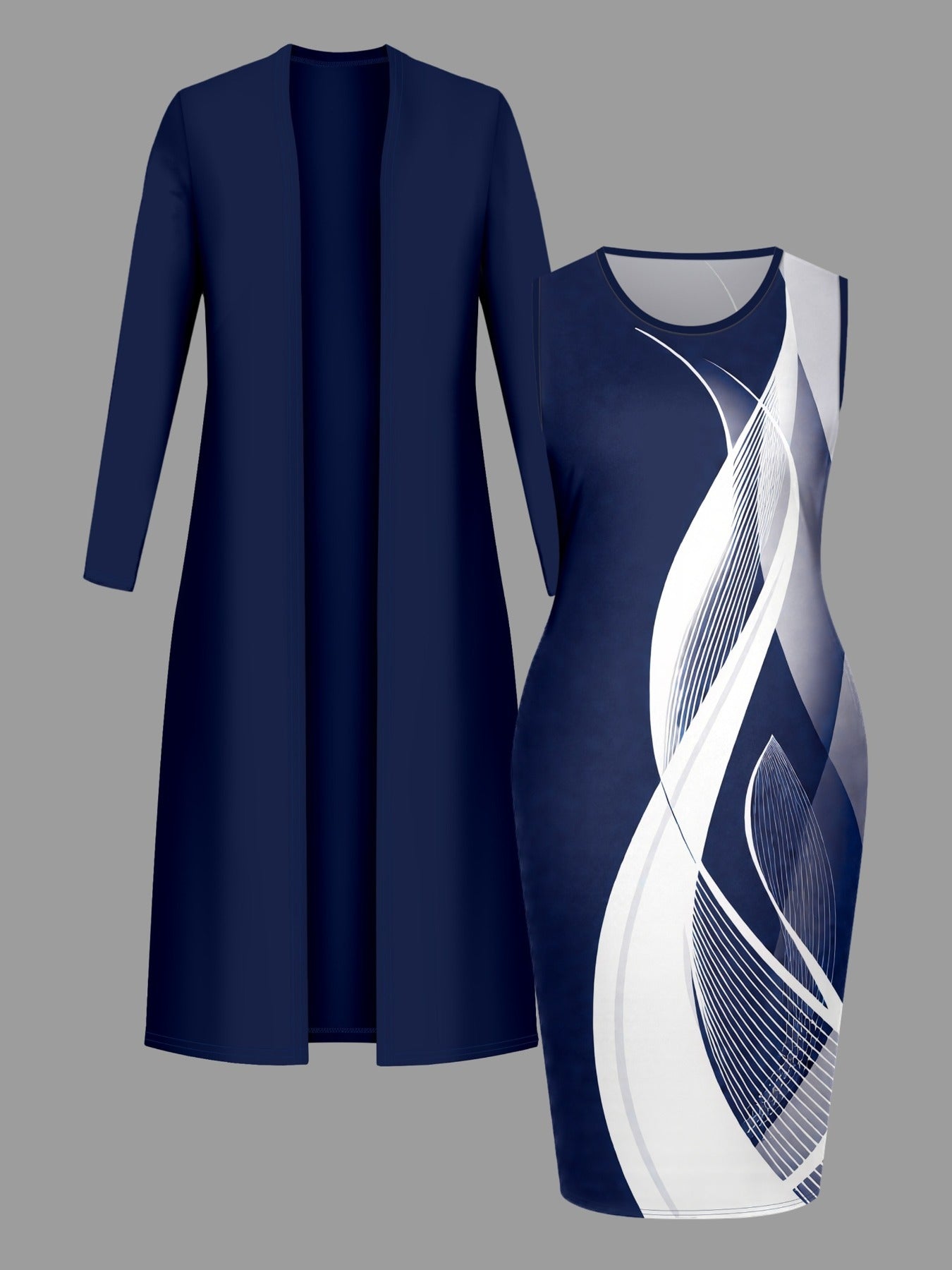 Stylish Women'S Dress Set, Featuring a Long Cardigan And a Printed, Waist-Cinching Dress, a Chic And Elegant Two-Piece Outfit for Everyday Wear