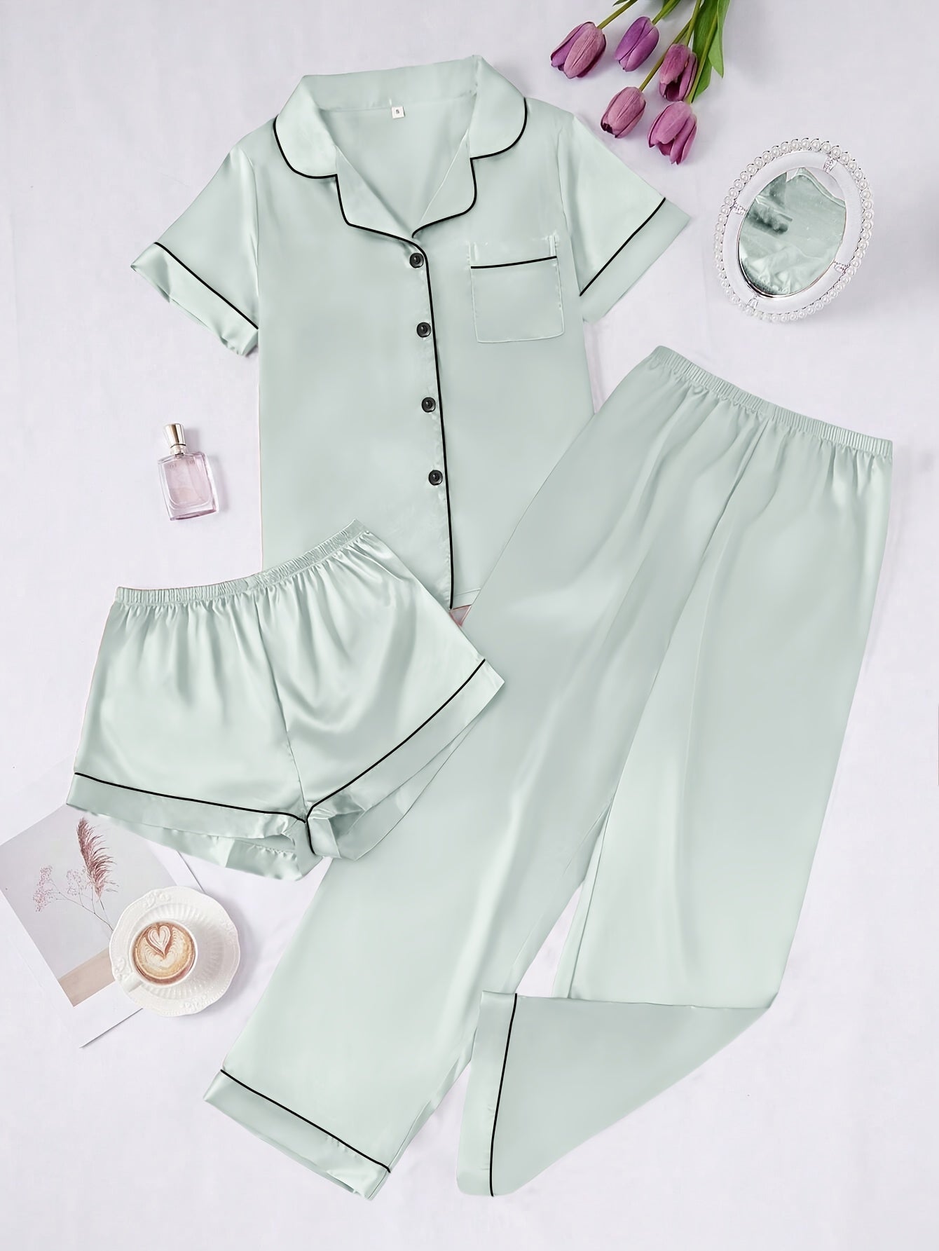 Solid Color Women'S Simple And Comfortable 3pcs Pajama Set, Includes 3pcss: Collared Short-Sleeve Top & Elastic Waist Shorts & Elastic Waist Long Pants Women'S Pajama Set