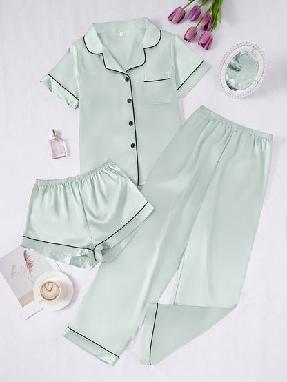 Solid Color Women'S Simple And Comfortable 3pcs Pajama Set, Includes 3pcss: Collared Short-Sleeve Top & Elastic Waist Shorts & Elastic Waist Long Pants Women'S Pajama Set
