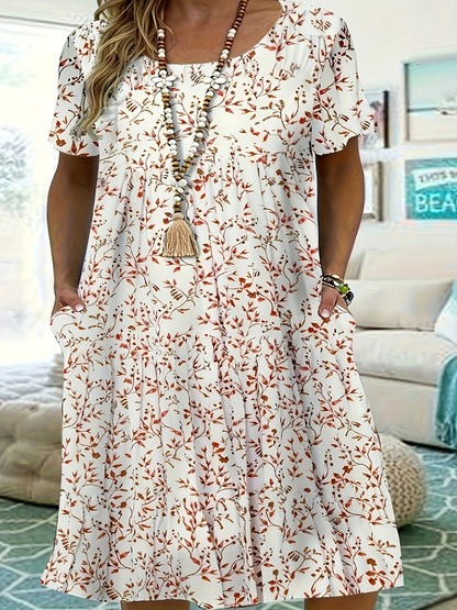 Plus Size, Women's Short Sleeve Round Neck Printed Dress