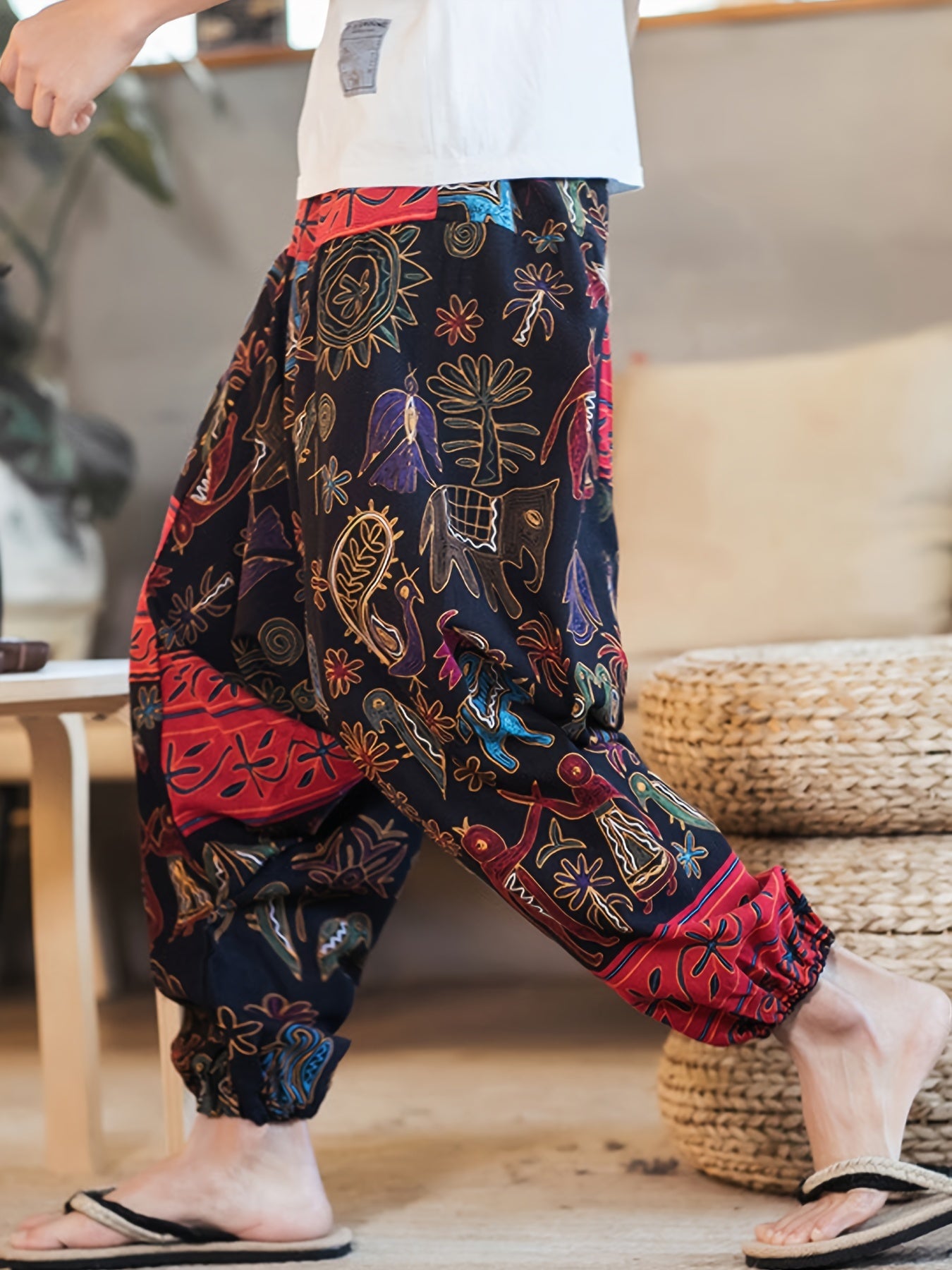 Men'S Stylish 100% Loose Colorful Fans Pattern Pants with Pockets, Casual Breathable Comfy Trousers for City Walk Street Hanging Outdoor Activities