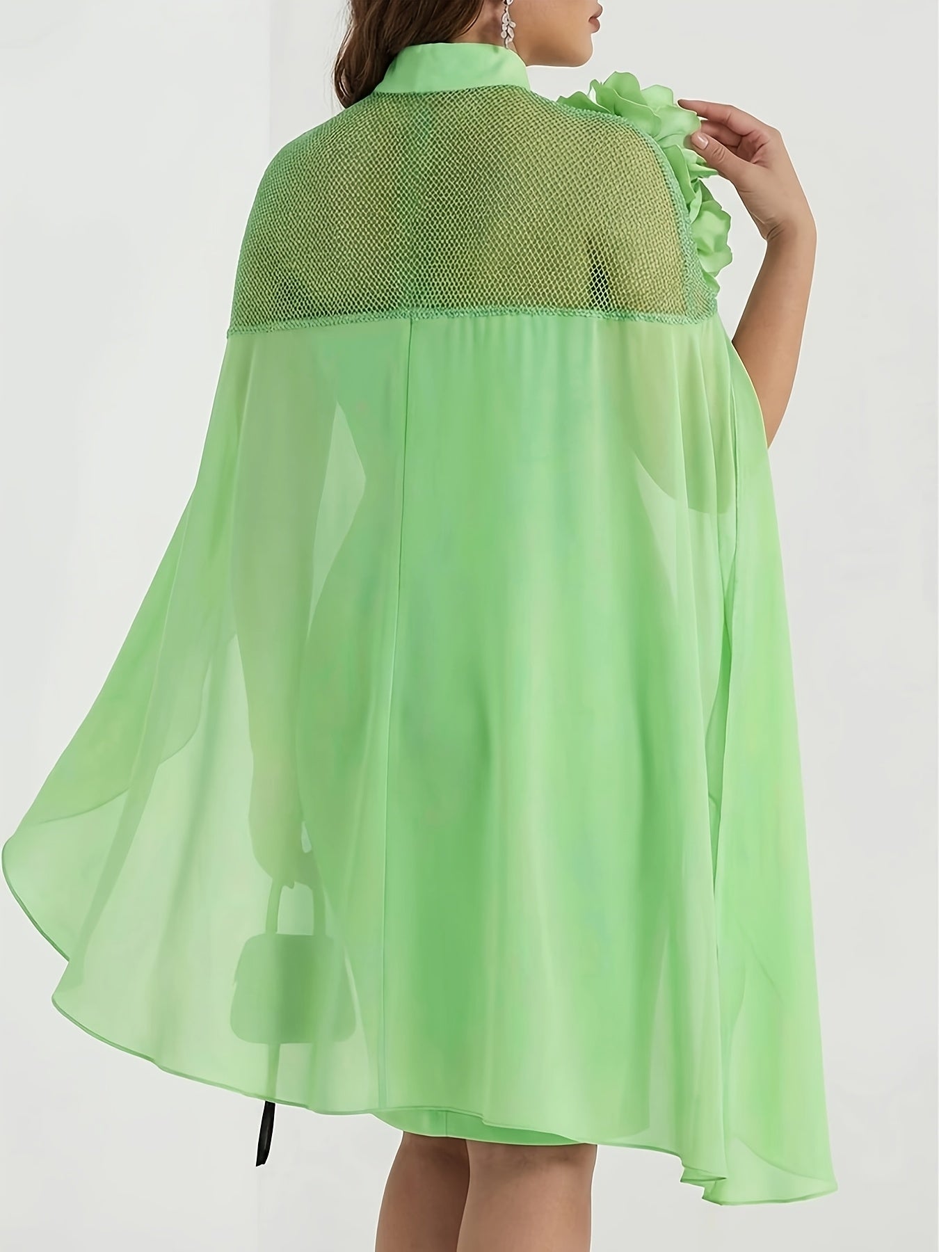 Plus Size - Plus Size Women'S Spring & Summer High-Neck Shawl-Style Flower Decor Waist-Cinched Dress | Elegant Temperament Design, Ideal for Formal Occasions like Dinner Parties & Wedding Attendants