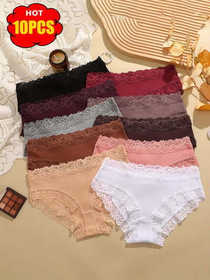 10pcs Set of Solid Color Lace Triangle Pants, Elegant and Fashionable, Skin Friendly, Breathable and Elastic Underwear, Suitable for Daily Commuting, Women's Underwear and Underwear