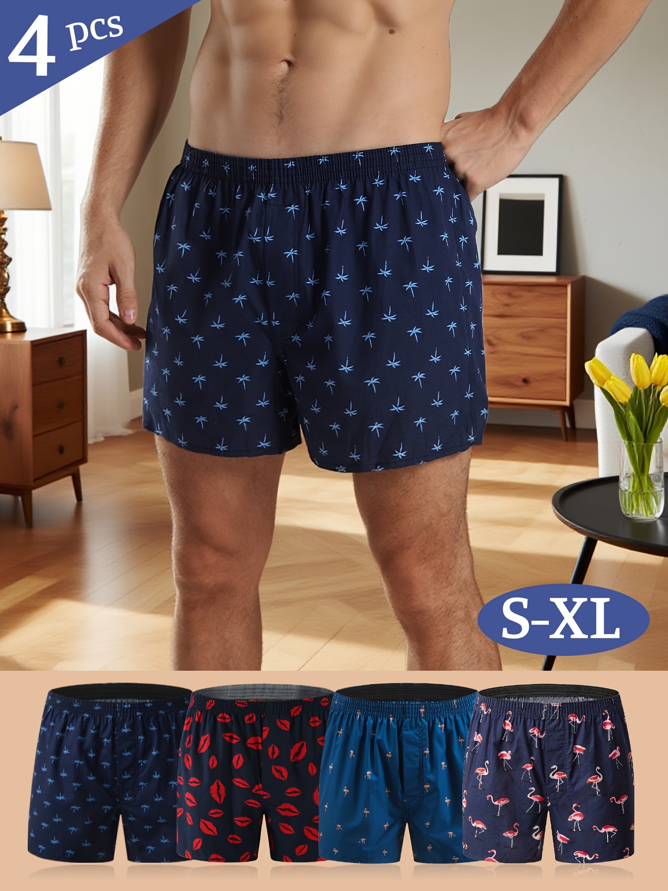 4 Packs Men's 100% Cotton Boxer Loose Fit Briefs Daily Wear & Sleeping underwear boxer shorts