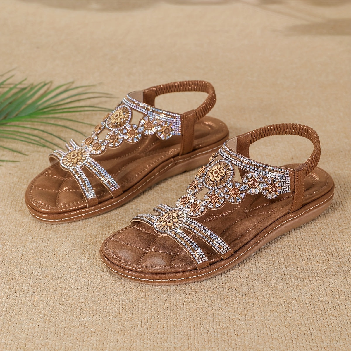 Women's Bohemian Rhinestone Jane Sandals - Slip- Open-Toe Flat with Elastic Strap, Low Heel & TPR Sole Suitable for Beach, Casual, - - Wearable (Low-Heel), Women Shoes