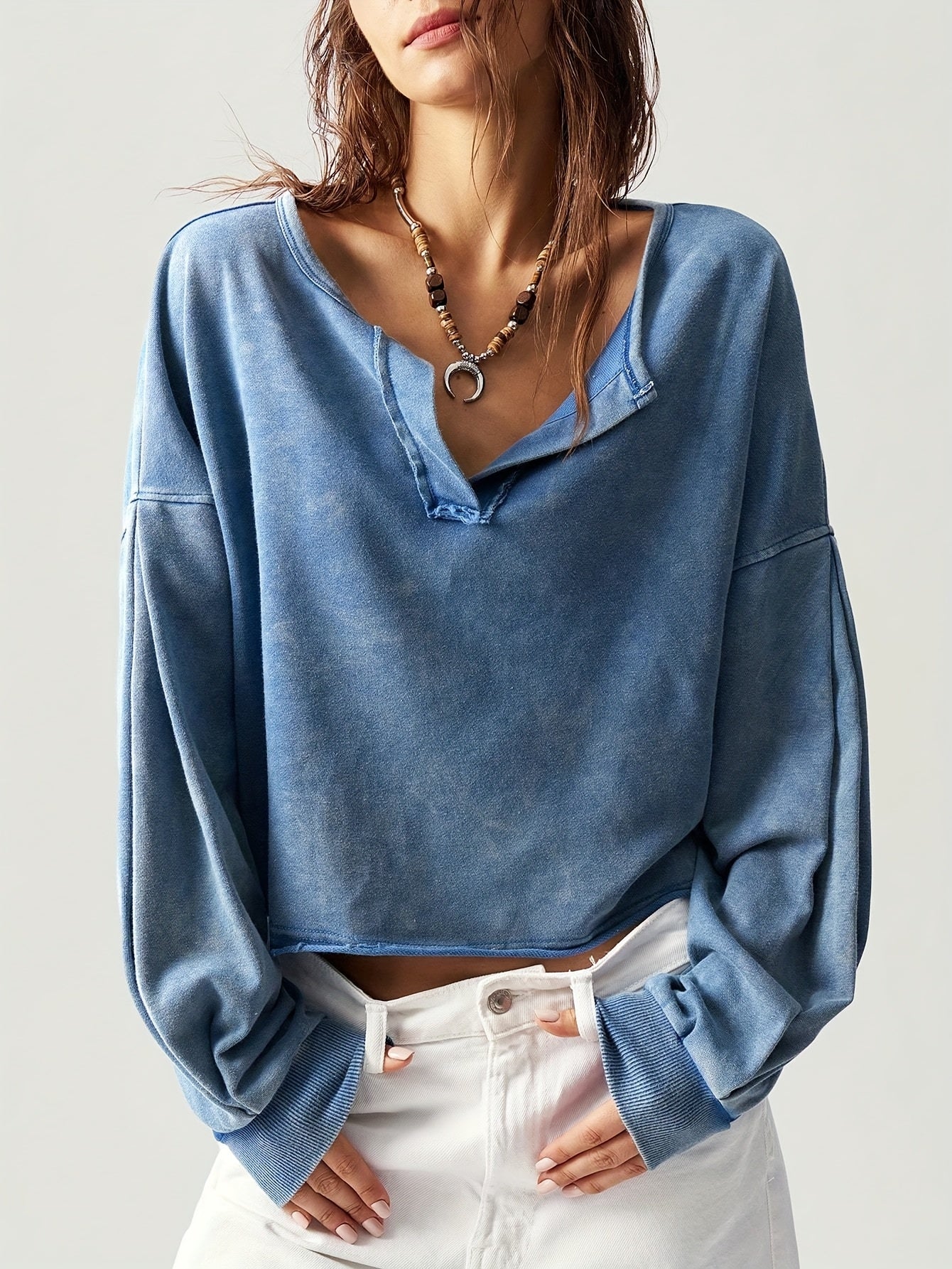 Casual Solid Color V-Neck Long Sleeve Loose Fit Women Sweatshirt Fall Tops Women Cropped Sweatshirt Long Sleeve Tops Comfy Tops Tops for Women