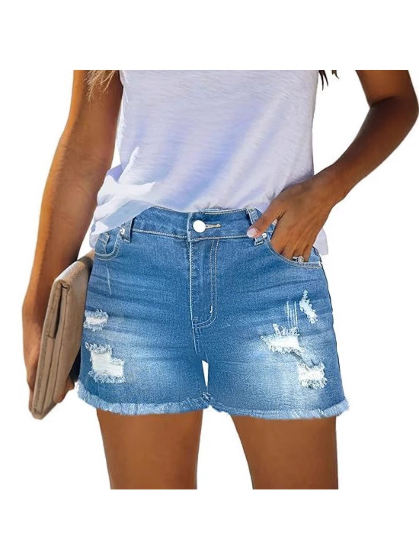 Summer Women'S High-Waisted Ripped Denim Shorts, Casual Distressed Raw Hem Jean Shorts for Streetwear And Outfit, Loose Fit Comfortable