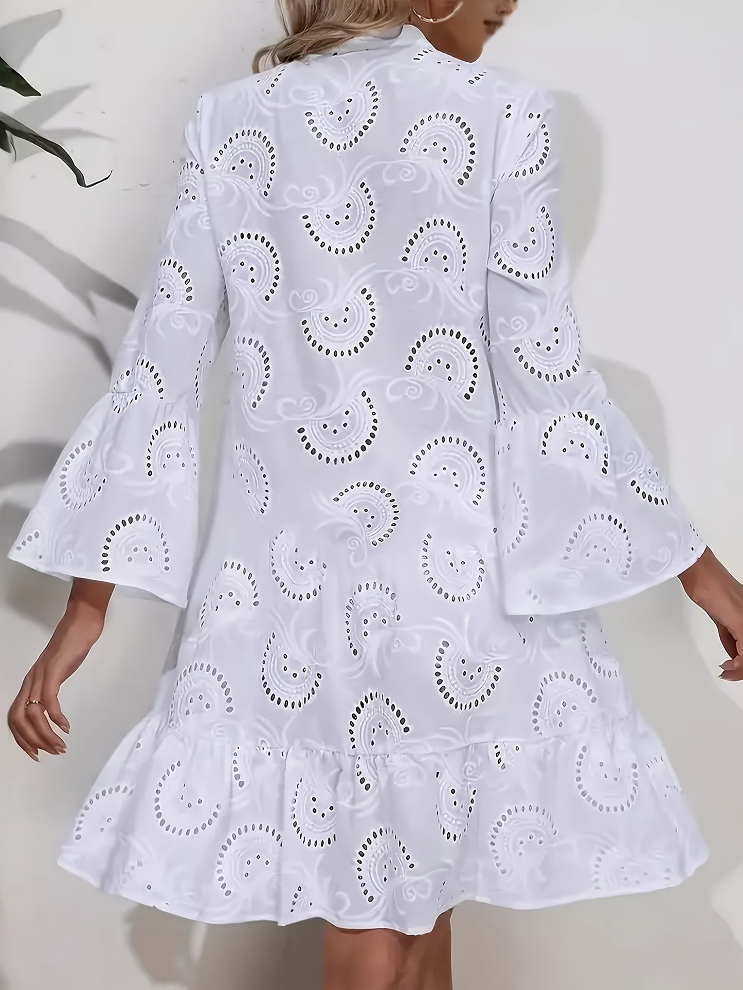 Elegant Mint Green V-Neck Shirt Dress with Bell Sleeves and Lace Cut-Out Detail - Chic Long Casual Dress for Women, Ideal for Home Gatherings and Parties, Casual Party Dress|Bell Sleeve Dress|Machine Washable Dress, Cute Dresses