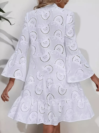 Elegant Mint Green V-Neck Shirt Dress with Bell Sleeves and Lace Cut-Out Detail - Chic Long Casual Dress for Women, Ideal for Home Gatherings and Parties, Casual Party Dress|Bell Sleeve Dress|Machine Washable Dress, Cute Dresses