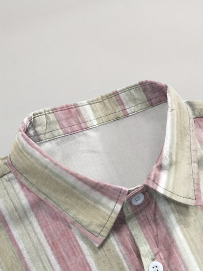 1pc Men'S Casual Striped Short Sleeve Shirt - Polyester 95%, Spandex 5% Blend, Summer Lapel Collar, Woven Fabric, Regular Fit with Button Details, Plus Size