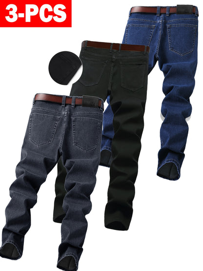 3-pack Trendy Men'S Retro Solid Color Jeans, Slim Fit Stretch Jeans, High Street Casual Style, Suitable For All Seasons