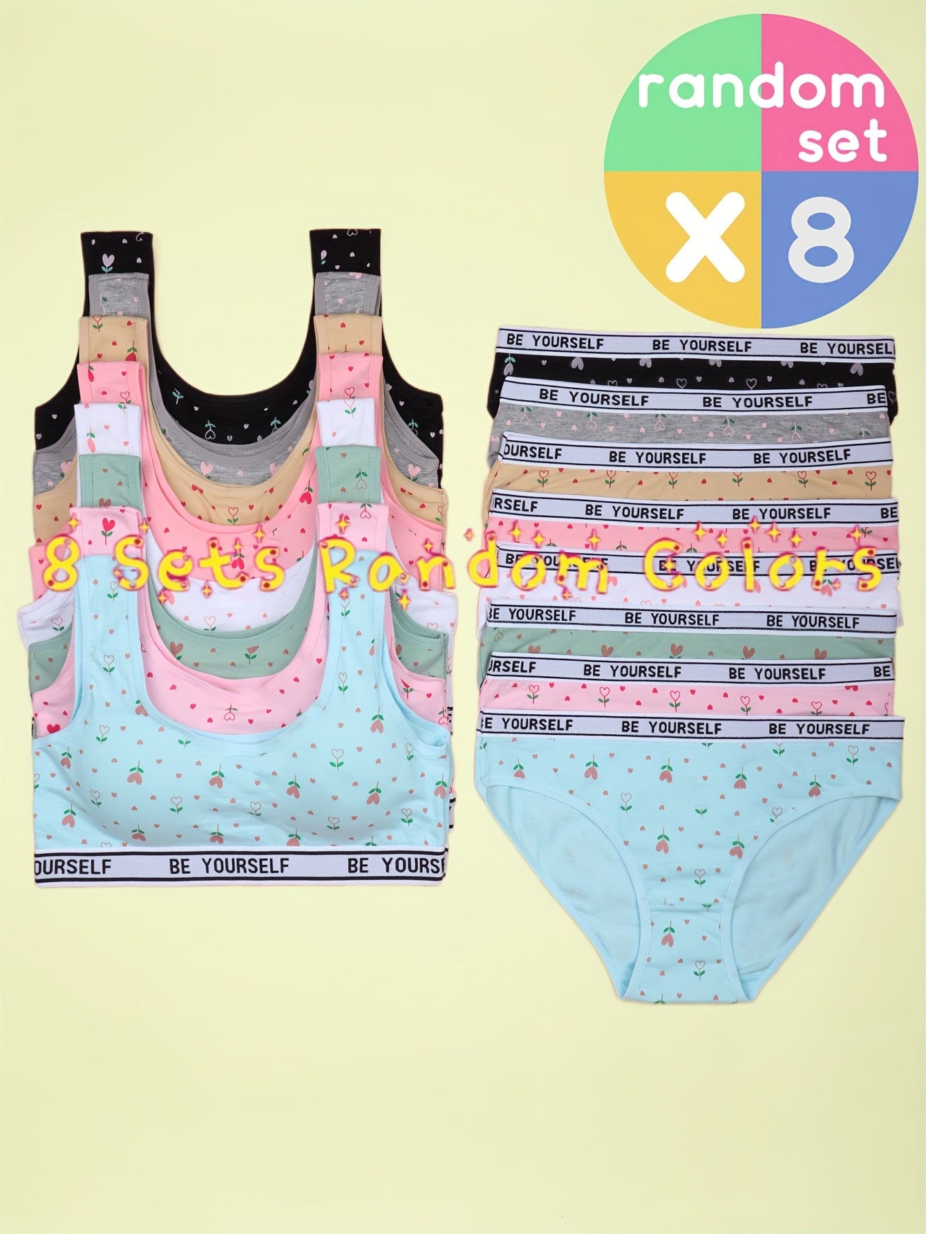 8 Set Bra Panties Set Comfy Breathable Underwear Set, Cute Heart Letter Print Training Set for 10-16, for Teenager, For Teenager